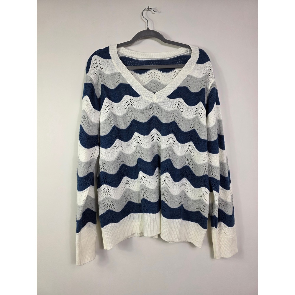 Shein Curve Womens 1XL Chevron Pointelle V-Neck Sweater Navy Blue Grey White